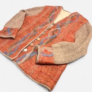 Women's Whimsical Rust Patterned Wool Blend Artisinal Cardigan Size S/M